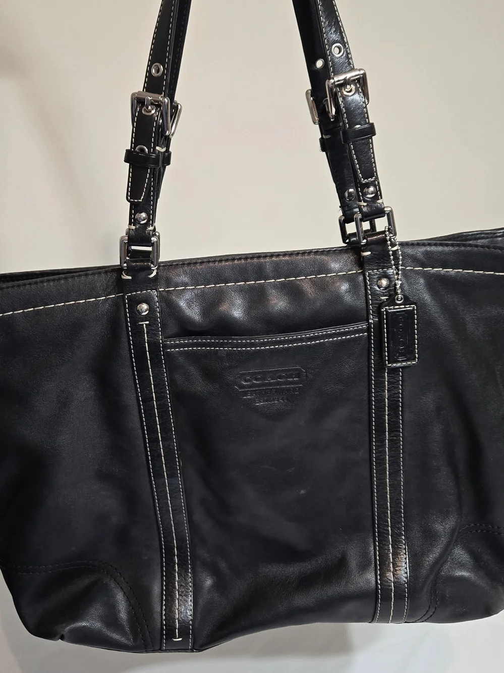 COACH Black Leather Tote with Contrast Stitching